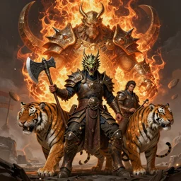 wayne barlowe, wearing a dragon mask, hajime sorayama, ultra realistic, intricate details, holding an axe, long shot, sitting on tiger cavalry, wide angle, highly detailed by peter mohrbacher, craig mullins, gaston bussiere, orc king in spiky armor with aura on fire, fantasy character portrait, aaron horkey, boris vallejo