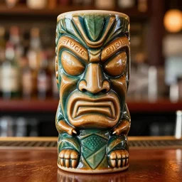a closeup photorealistic photograph of a ben grimm style tiki mug on a bar at trader vic's with ben grimm's face on it. fantastic four theme. tiki culture. bright scene. fine detail. this 4 k hd image is trending on artstation, featured on behance, well - rendered, extra crisp, features intricate detail, epic composition and the style of unreal engine.