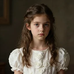 a wonderful emotional neoclassical portrait of a young girl with a white roses cotton dress, dramatic light, unreal engine 5 rendered, octane rendered