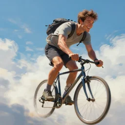 An extreme closeup, striking painting of a happy man flying in the sky on his bicycle in the clouds, award-winning digital art by Ross Tran