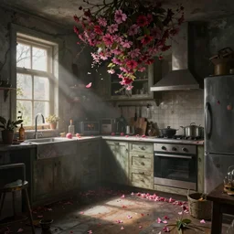 apocalyptic kitchen, dramatic lilghting, bloom, by greg rutowski