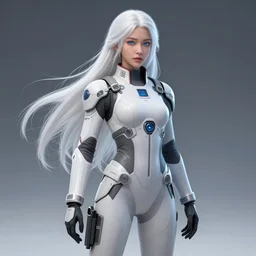 perfect family android women dressed with explorer suit, artgem, scifi, futuristic design, bae suzy, long white hair!!!, blue eyes,, full body character design, cinematic lighting, highly detailed, artstation, divine, by huifeng huang, beeple, goro fujita, smooth gradient.