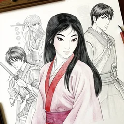 hua mulan, pen and ink, intricate line drawings, by craig mullins, ruan jia, kentaro miura, greg rutkowski, loundraw