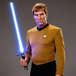 captain kirk in Star Trek TOS holding a lightsaber, looking serious