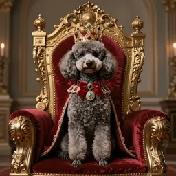 poodle as a king sitting on a throne, cinematic, very detailed, intricate, ornate