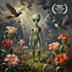 alien landscape painting of exotic flowers and surreal bird creatures by roland topor
