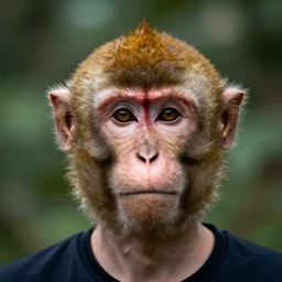 A guy with a monkey head, human monkey hybrid, (EOS 5DS R, ISO100, f/8, 1/125, 84mm, postprocessed, crisp face, facial features)