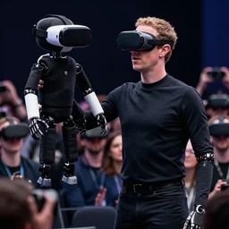 sinister mark zuckerberg puppeteer with elongated limbs holding an puppet wearing vr glasses, crowd on the background with vr glasses