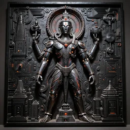 epic dark studio tron sculpture shooting at Khajuraho, black, octane, rimlight, by david lachapelle, godes sculpture, made from electric condensators Shiva, veins, vibrant, flat shaped chrome relief, fossil, MINIATURE CITY, mechanic bionic fungus flower mechabot,  maze, tubes, joints, buttons, gears, relief by Goga Tandashvili, by Wayne Barlowe, cinematic
