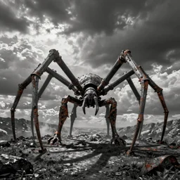 shadow of the colossus, spider colossus, black and white image, rusty, grey, bad quality