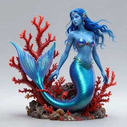 digital art highly detailed cyber punk mermaid with blue skin, her tail is wrapped around a red coral
