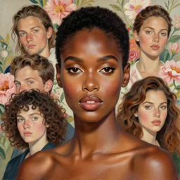 portrait of a gorgeous black woman with a floral background : : painted by artgerm, karol bak, artur bordalo, sandra chevrier : : portrait, character, illustration, hyperrealism, photorealism