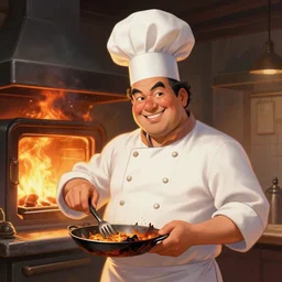 portrait of a proud funny chef cook, showing burned cooking, in front of exploding oven on fire, artstation, elegant, highly detailed, digital painting, concept art, smooth, sharp focus, illustration, art by don bluth and michel ocelot and makoto shinkai and tom whalen and atey ghailan and akihiko yoshida