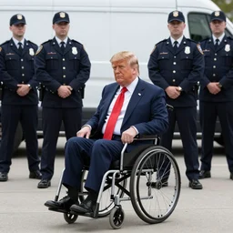 donald trump in a wheelchair, next to van surrounded by secret service agents, photograph, candid, high resolution, high quality