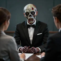 an ultrarealistic portrait of a zombie in a tuxedo at a job interview, photorealistic, 4 k, hd, unreal engine, octane render, digital art, chiaroscuro, in the style of ansel adams, trending on artstation,
