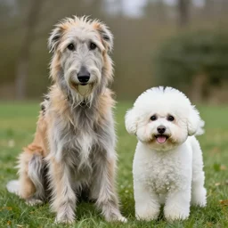 irish wolfhound and bichon frise friends, in the style of lisa frank