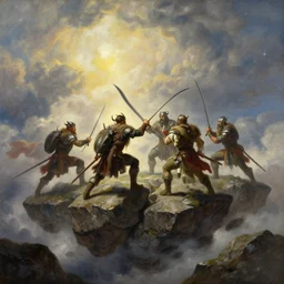 valhalla vikings fighting on floating rocks in the sky epic battle clouds illustration sharp focus sunlit vista starlight painted ruan jia raymond swanland lawrence alma tadema zdzislaw beksinski norman rockwell tom lovell alex malveda greg staples