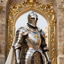 man looking forward in decorated with gold baroque style christian crusader armor, helmet covering a his face covered and decorated with golden cross on it and white cape covering half of his body standing at the gates of jerusalem drawn by greg rutkowski realistic high detail