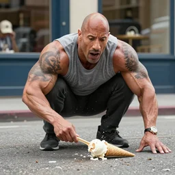 dwayne johnson shocked at dropping his ice cream cone on the ground, wide shot