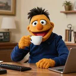Andrew Tate as a muppet, sitting at a desk, drinking coffee