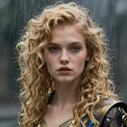 a portrait of cyberpunk girl, curly blonde hair, raining, water refractions, diffuse lighting, fantasy, intricate, elegant, highly detailed, lifelike, photorealistic, digital painting, artstation, illustration, concept art, smooth, sharp focus, art by john collier and albert aublet and krenz cushart and artem demura and alphonse mucha
