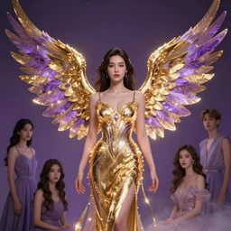 a singolar woman with gold and purple wings, glowing detail, by wenjun lin and artem chebokha and alena aenami and ian llanas, 4 k