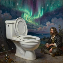 a detailed profile oil painting of a toilet, aurora lighting clouds and stars by beksinski carl spitzweg and tuomas korpi. baroque elements. baroque element. intricate artwork by moebius. Trending on artstation. 8k