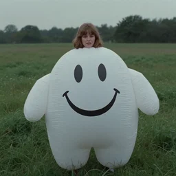 an ample woman dressed as a squishy inflatable toy, smiley face, in a meadow, moody film still, terrence malick, 1973 technicolor