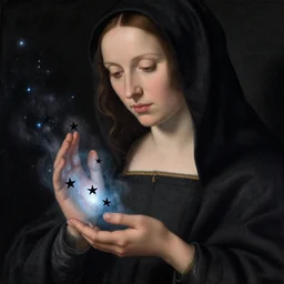 a closeup of a cloaked woman, black stars coming from hand, nebula, by jan van eyck