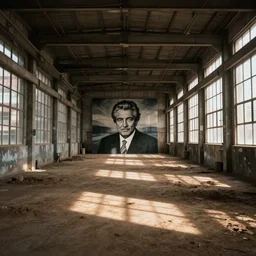 interior of a completely empty factory, dirt floor, large windows on the sides, art by mario testino