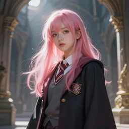 portrait of an innocent lost college girl with pink hair, magic school uniform, fantasy building, intricate, sharp focus, lens flare, bloom, rim light, illustration, highly detailed, digital painting, concept art, matte, art by maciej kuciara