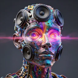 highly detailed hyperreal vfx portrait of a 3 d human head made of speakers. polyphonic prismatic joy & ecstasy, vibrant vibrations, pulse projections, sonic love, ornate, hyperrealistic, octane render, inspired by james jean, okuda sam miguel, android jones, beeple, frostbite 3 engine