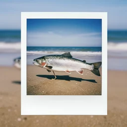 salmon fish with legs walking on the beach, hyperrealistic, polaroid photo