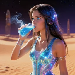 a girl drinking blue milk on tatooine!!!, tatooine scenery, star wars anime art, ambient lighting, luminous, radiant, glowing, iridescent, lustrous, shimmering, brilliant, vivid