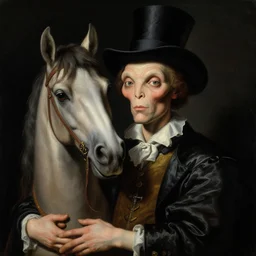 a baroque close - up portrait painting of a whimsical alien magician holding a horse. black background. highly detailed science fiction painting by norman rockwell, moebius, frank frazetta, and syd mead. high contrast. renaissance masterpiece. artstation