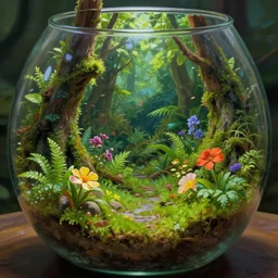 fantasy terrarium in a glass bowl, miniature forest, photorealistic, close up, greenery, vivid colors, flowers, digital painting, trending on artstation