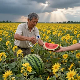 the vegetables have their hands full of flowers with mikey serving water and giving away slices of watermelon