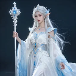 photograph of a real - life beautiful elemental sky witch with ornate white and blue robes and staff. extremely detailed. 8 k