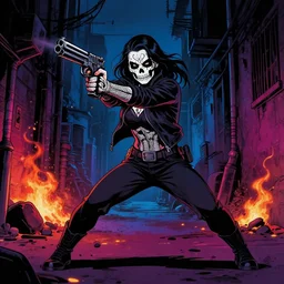 artgerm, rafael albuquerque comic art : : samara weaving with skull face paint, holding a gun, in an action pose : : in an alleyway during the purge : : night time dark with neon colors, fires, horror : :