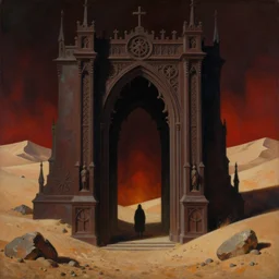 realistic detailed image of a portal to Hell in the desert, Amano, Karol Bak, Greg Hildebrandt, and Mark Brooks, Neo-Gothic, gothic, rich deep colors. Beksinski painting, part by Adrian Ghenie and Gerhard Richter. art by Takato Yamamoto. masterpiece