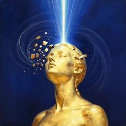 a golden woman 2/3 figurative  portrait, in space, head breaking apart and spiraling geometry into the sky upwards into another dimension, lazer light beaming down to top of her head, by moebius and Yoshitaka amano, painterly digital art