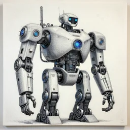 “a giant mechanical building robot, oil dotwork on canvas by James Jean”