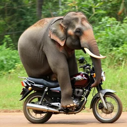 elephant sitting and riding on top of a motorcycle