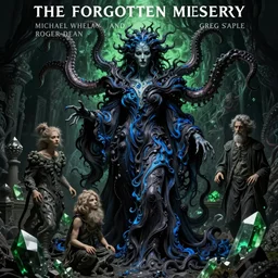 the forgotten misery by michael whelan and roger dean and brom and hubert robert and greg staples and donato giancola, beautiful, black and blue, flowing magical flesh robe, highly detailed, hyperrealistic, intricate, arkham horror, lovecraft, tentacles, necromancy, low light, green crystal, high contrast, old and young, lifelike