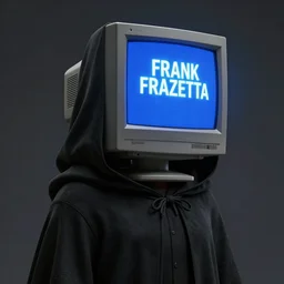 a figure wearing a giant black hooded cloak. the figure has a crt computer monitor for a head. on the screen of that monitor is glowing blue. the monitor has a blue screen with white letters on it. by frank frazetta, simon bisley, brom, concept art, octane render, unreal engine 5, highly detailed, high quality, 8 k, soft lighting, realistic face, path traced