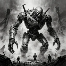 giants creepy robot, battlefield, ricardo federici, feng zhu, masterpiece, ink drawn horror, creepy, fog, volume light, black and white high resolution, 8 k, highly detailed, astrophotography, processing, extremely hyperdetailed