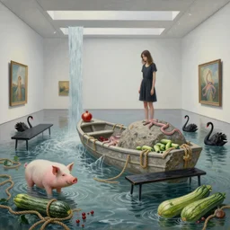 painting of a flooded modern art gallery and a tall emo girl, a large stone, lifeboat, art gallery interior, pig, liminal space, hemp ropes, courgette, waterfall, black bench seat, feminine, organic, pomegranates, octopus, zen, black swans, courgettes, berries, surrealist, by magritte and monet