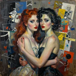 me and femme fatale looking at me embraced detailed chaotic analogue dada collage with deep texture in style of conteporary art, photorealistic, expressionism, masterpiece, balanced composition, wide range of colors, spectacular quality, intricate oil details