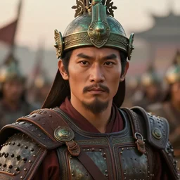 close - up photo of a smart tai warrior prince in a battle scene, detailed eyes, without beard and mustache, historical hero, ethnic group, tai costume, tai traditional bronze headdress, intricate, with leather armor, elegant, loin cloth, highly detailed, artstation, concept art, matte, sharp focus, illustration, hearthstone, art by earl norem, shallow depth of field, photorealistic, cinematic lighting, lovely bokeh, warm colours, dusk
