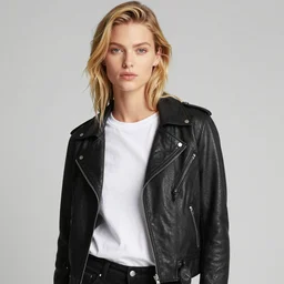 photo of a blonde model in a white tshirt and black leather jacket